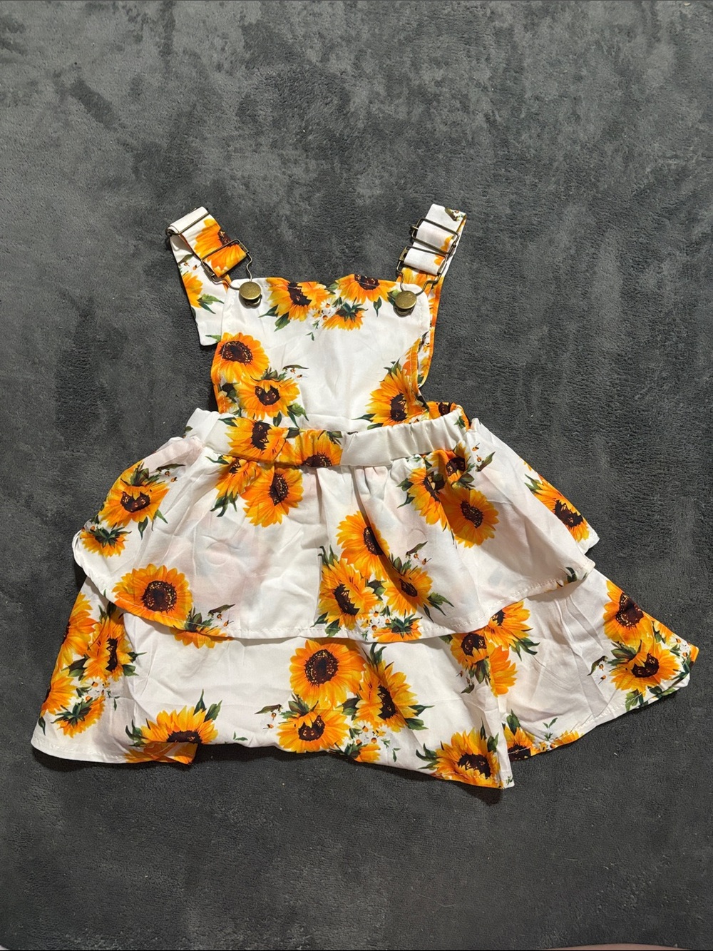 Sunflower Tiered Pinafore Dress for Girls - White & Yellow